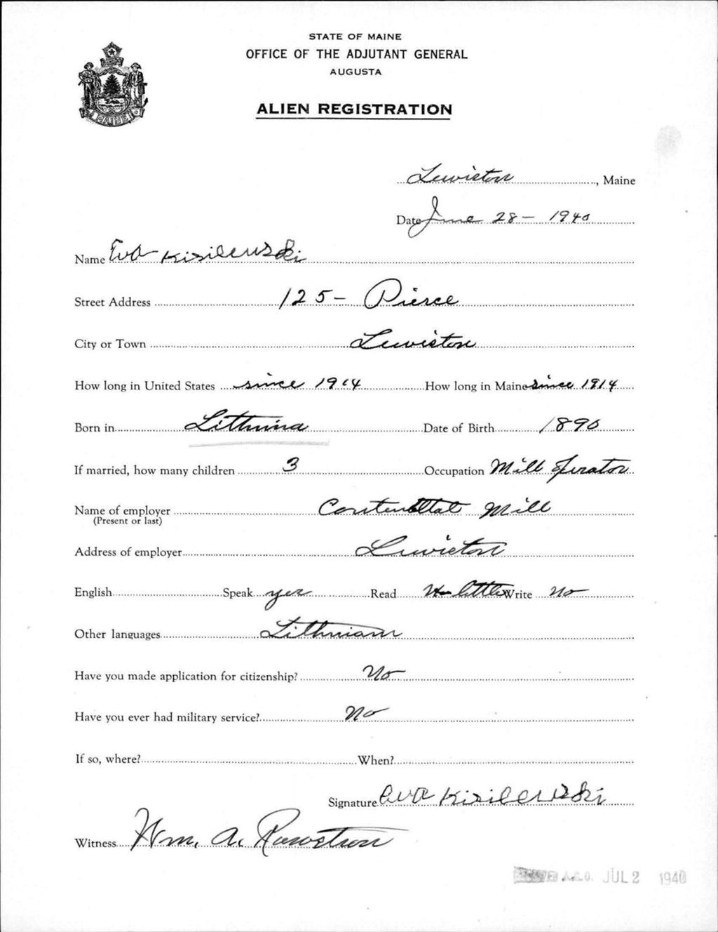 Miniature of Alien Registration- Kisilerski, Eva (Lewiston, Androscoggin County)