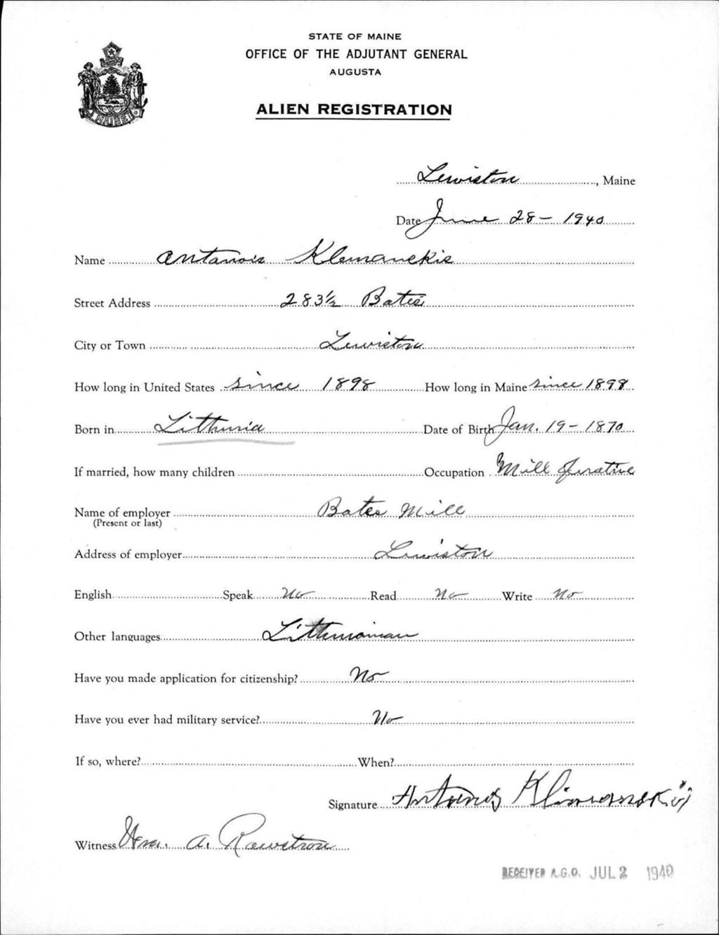 Miniature of Alien Registration- Klemanskis, Antanois (Lewiston, Androscoggin County)