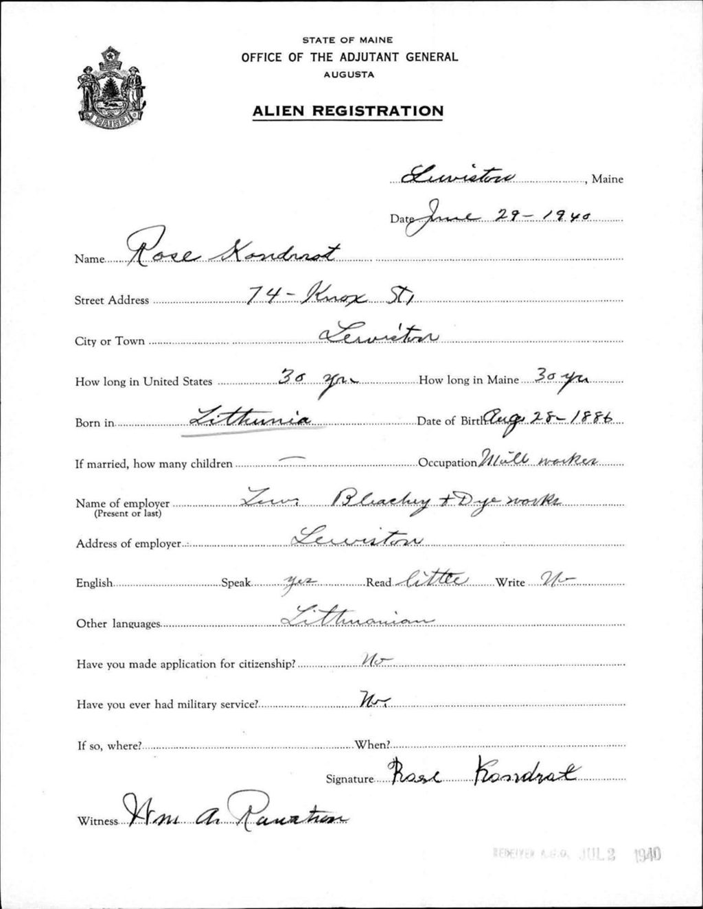 Miniature of Alien Registration- Kondrost, Rose (Lewiston, Androscoggin County)