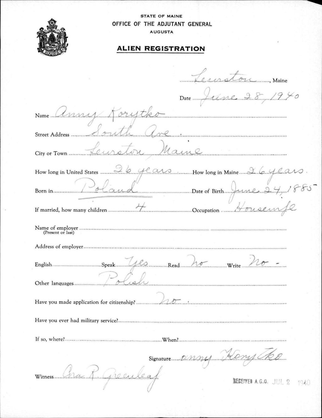 Miniature of Alien Registration- Korytko, Anny (Lewiston, Androscoggin County)