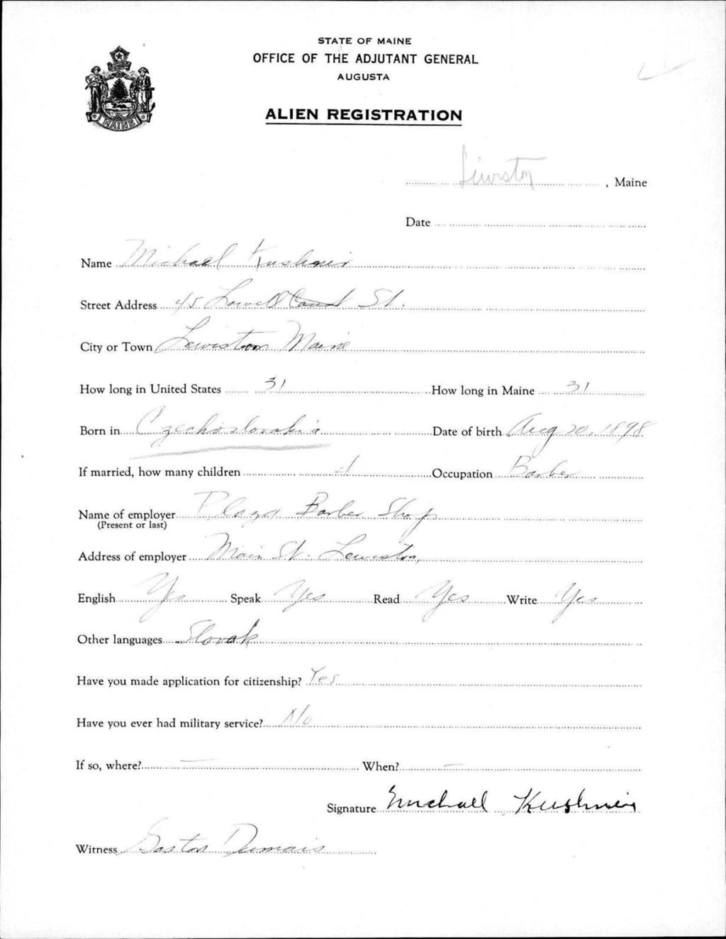 Miniature of Alien Registration- Kushmir, Michael (Lewiston, Androscoggin County)