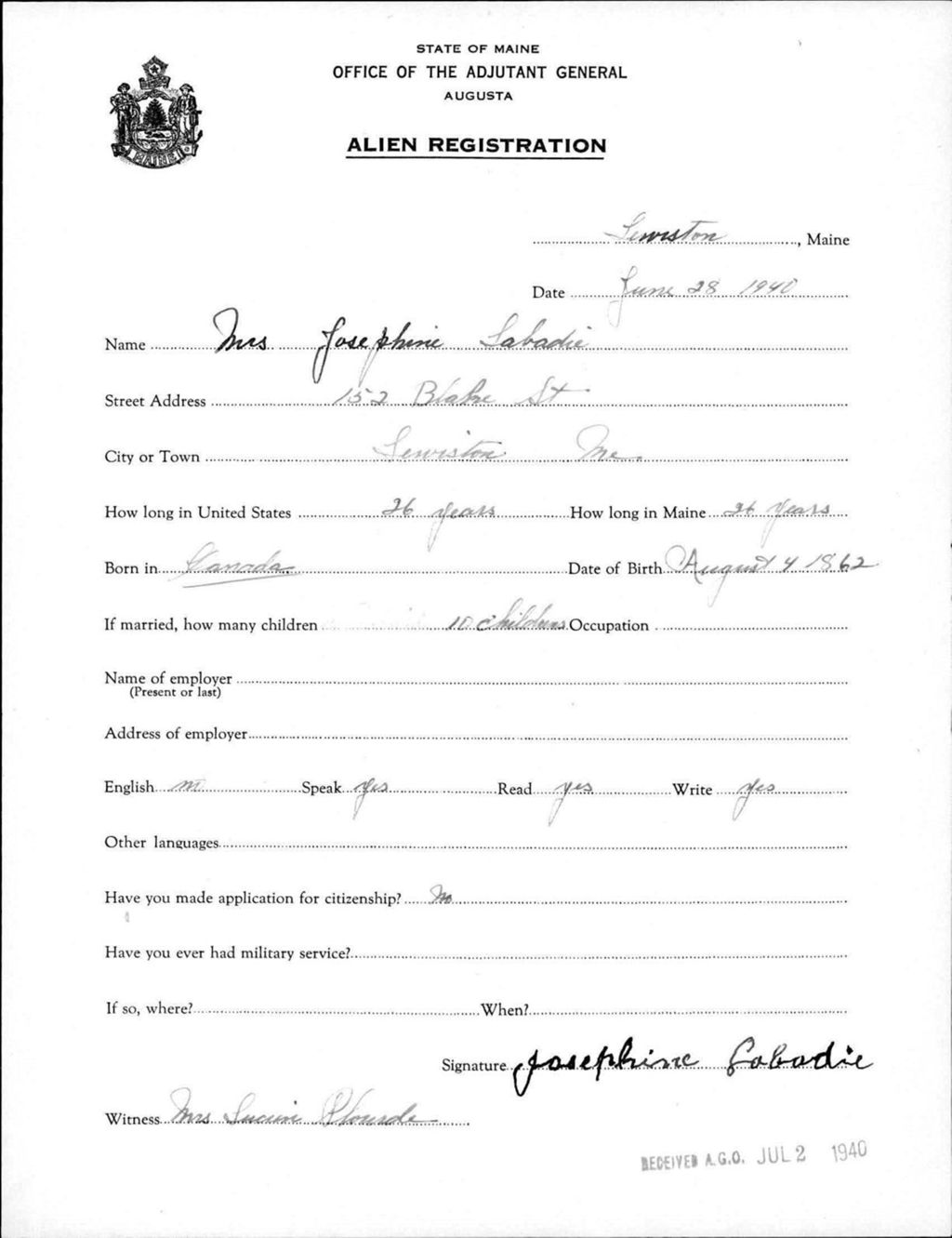 Miniature of Alien Registration- Labadie, Josephine (Lewiston, Androscoggin County)