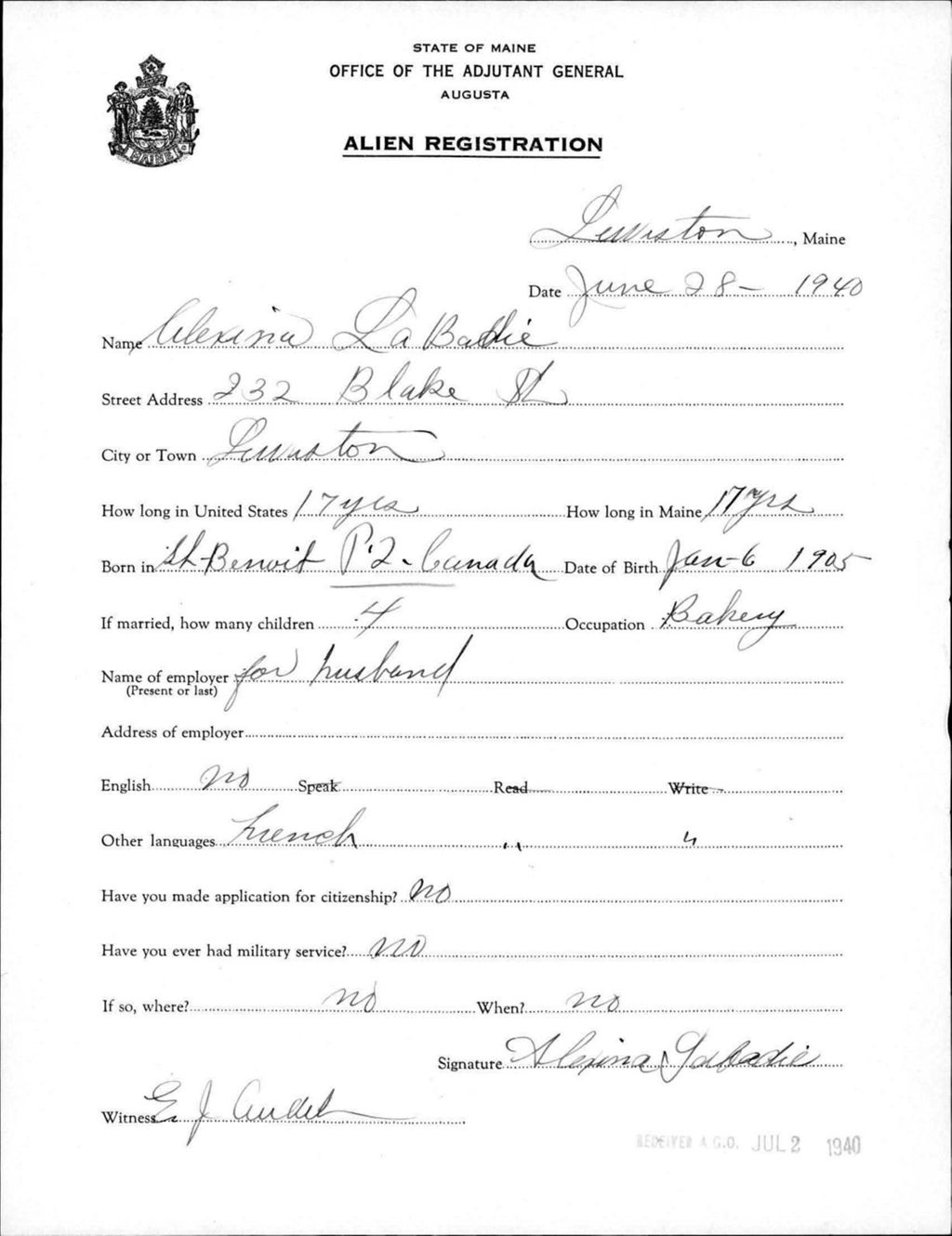 Miniature of Alien Registration- Labadie, Alexina (Lewiston, Androscoggin County)