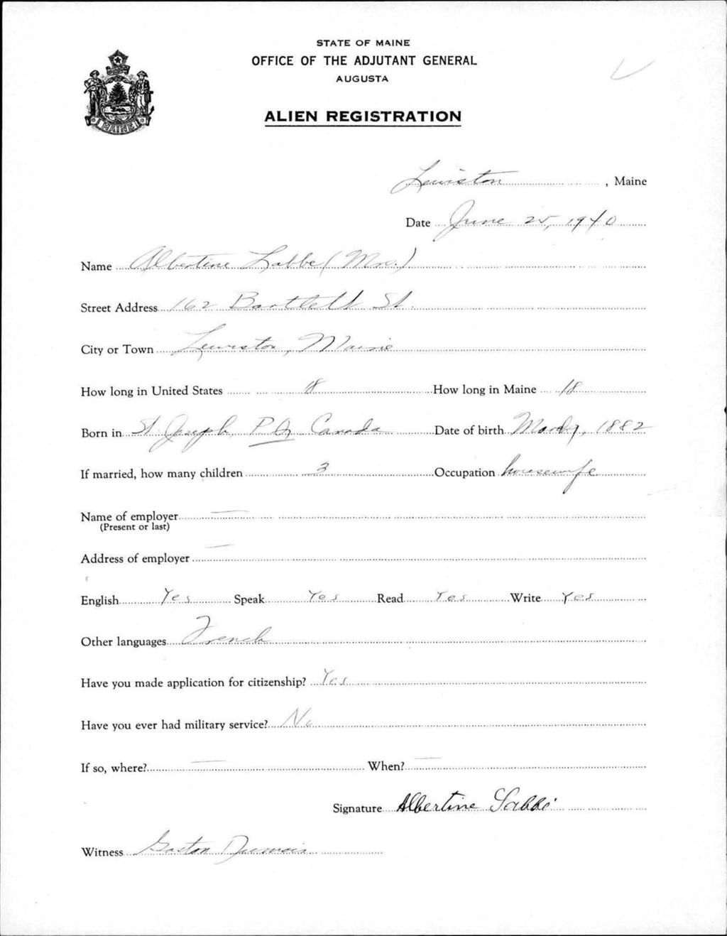 Miniature of Alien Registration- Labbe, Albertine (Lewiston, Androscoggin County)