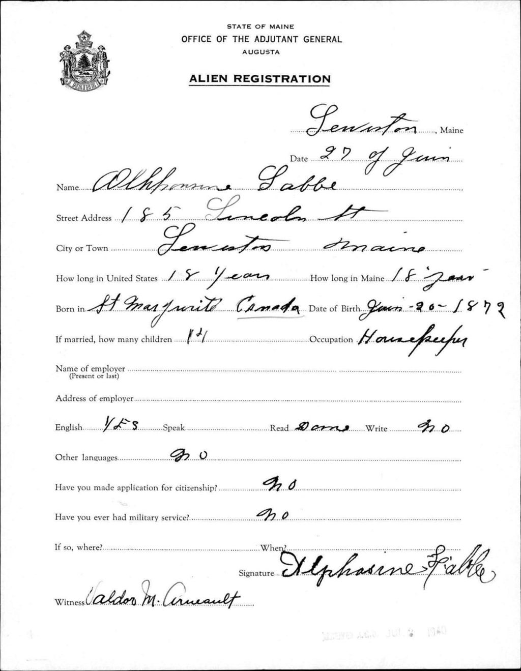 Miniature of Alien Registration- Labbe, Alphonsine (Lewiston, Androscoggin County)