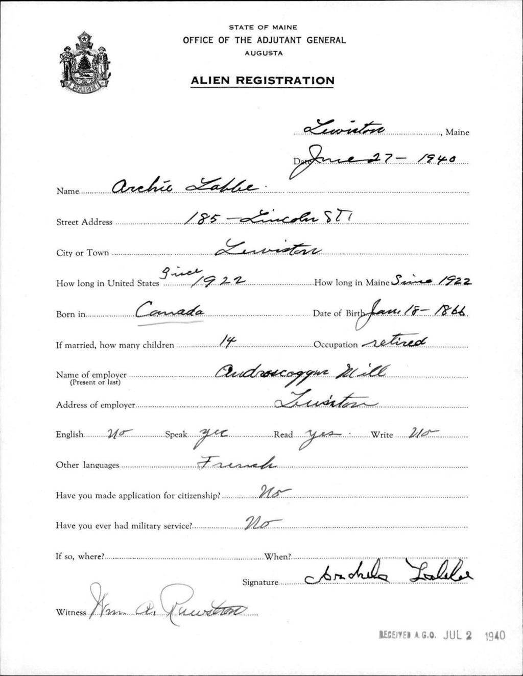Miniature of Alien Registration- Labbe, Archie (Lewiston, Androscoggin County)