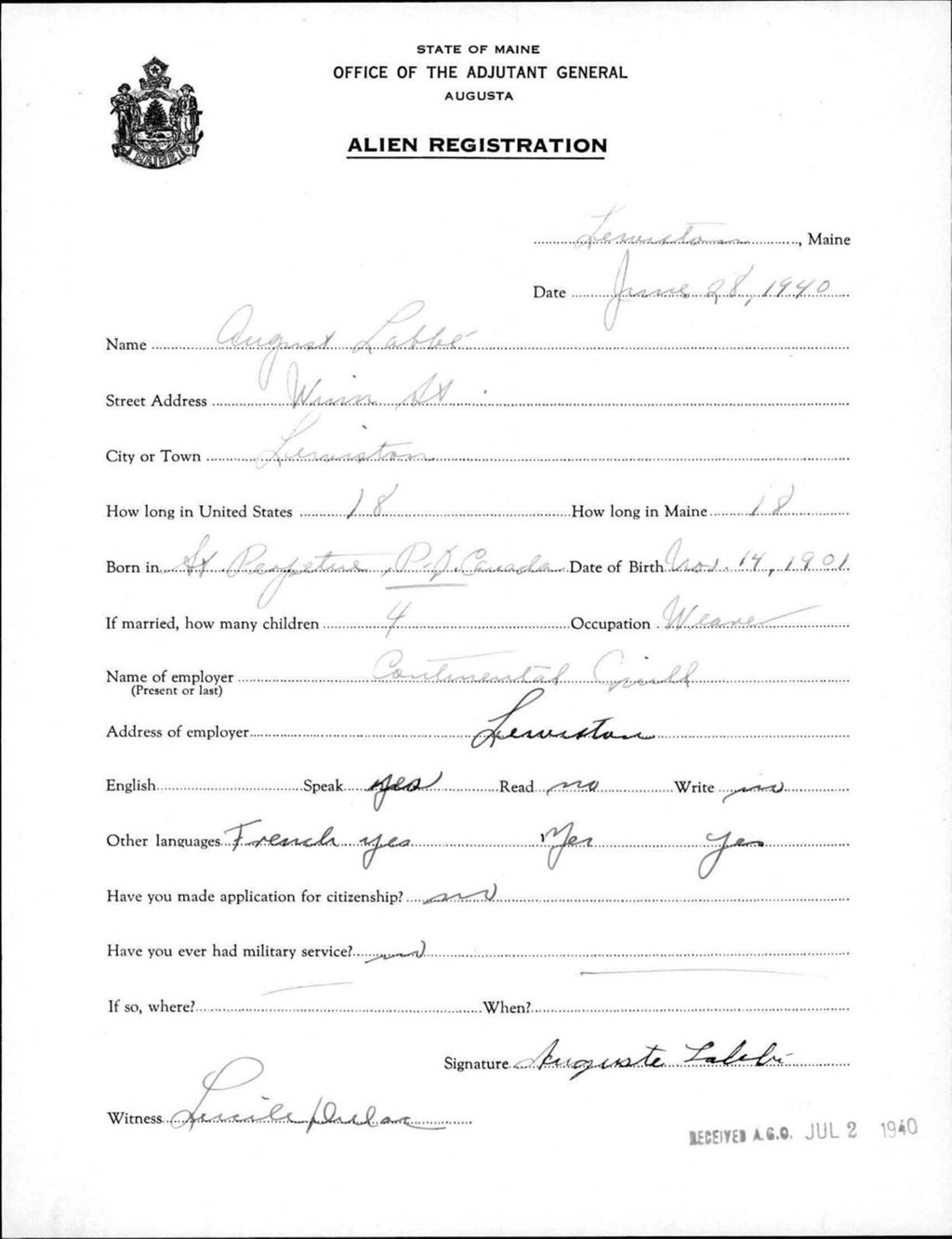 Miniature of Alien Registration- Labbe, August (Lewiston, Androscoggin County)