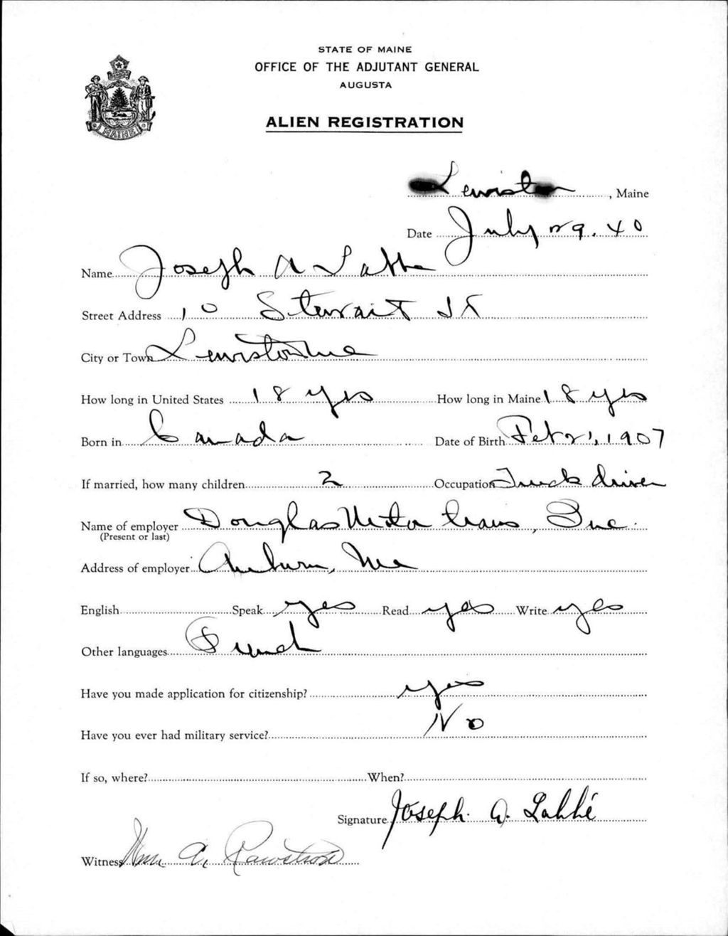 Miniature of Alien Registration- Labbe, Joseph A. (Lewiston, Androscoggin County)