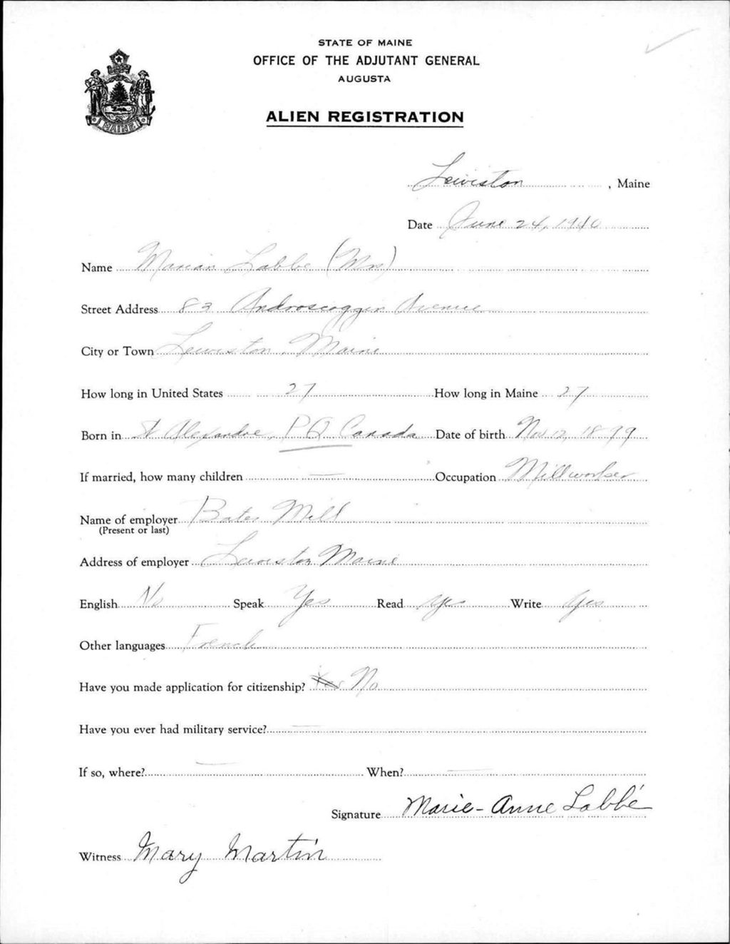 Miniature of Alien Registration- Labbe, Marion (Lewiston, Androscoggin County)