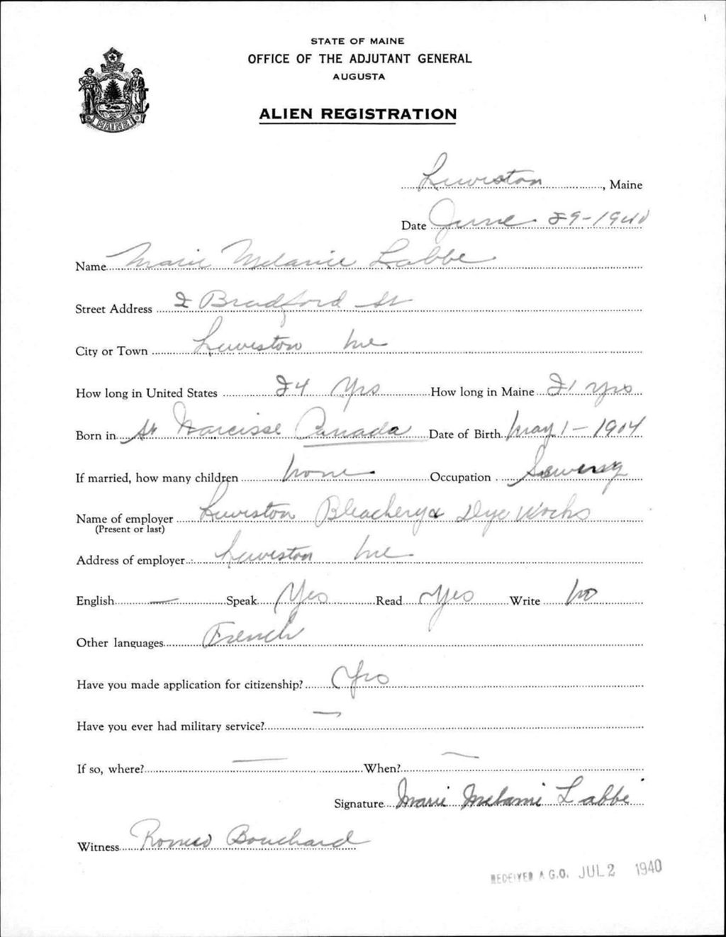 Miniature of Alien Registration- Labbe, Marie M. (Lewiston, Androscoggin County)