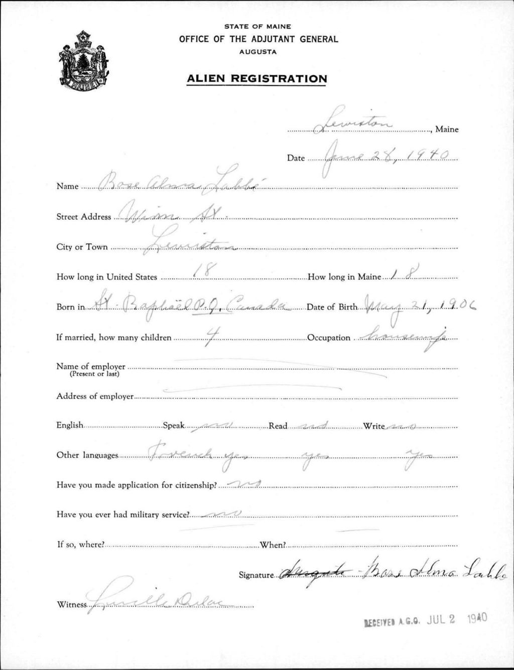 Miniature of Alien Registration- Labbe, Rose A. (Lewiston, Androscoggin County)