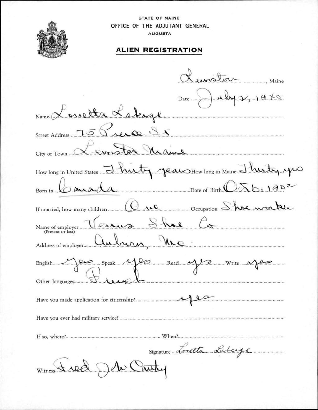 Miniature of Alien Registration- Laberge, Loretta (Lewiston, Androscoggin County)