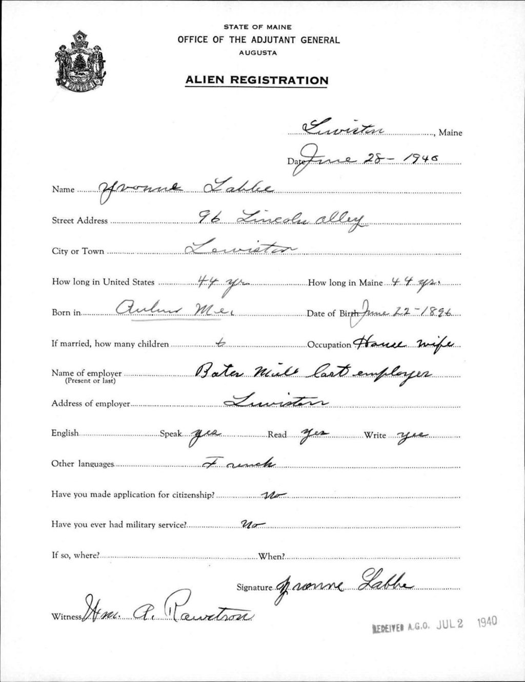 Miniature of Alien Registration- Labbe, Yvonne (Lewiston, Androscoggin County)