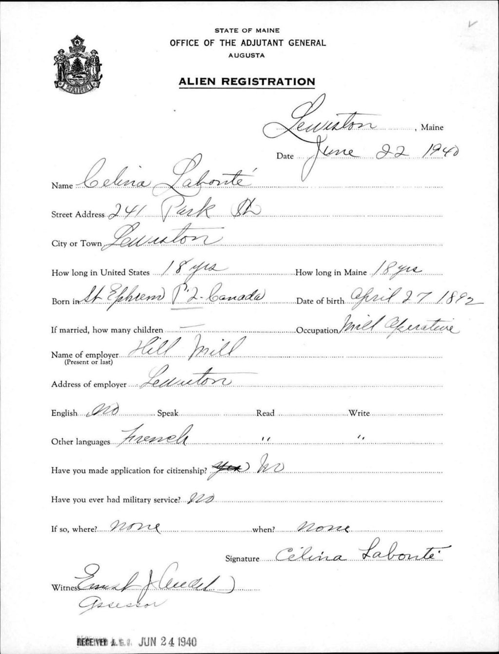 Miniature of Alien Registration- Labonte, Celina (Lewiston, Androscoggin County)