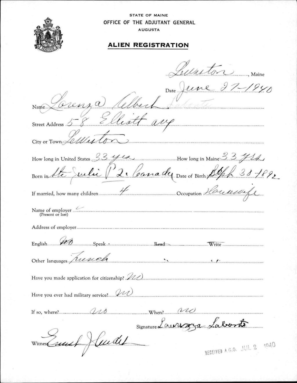 Miniature of Alien Registration- Labonte, Lorenzo A. (Lewiston, Androscoggin County)