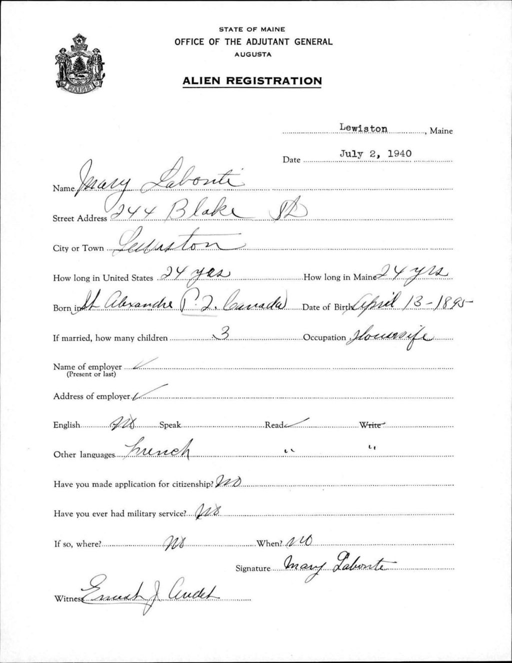 Miniature of Alien Registration- Labonte, Mary (Lewiston, Androscoggin County)