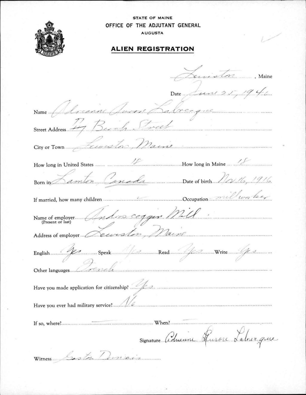 Miniature of Alien Registration- Labrecque, Adrienne A. (Lewiston, Androscoggin County)