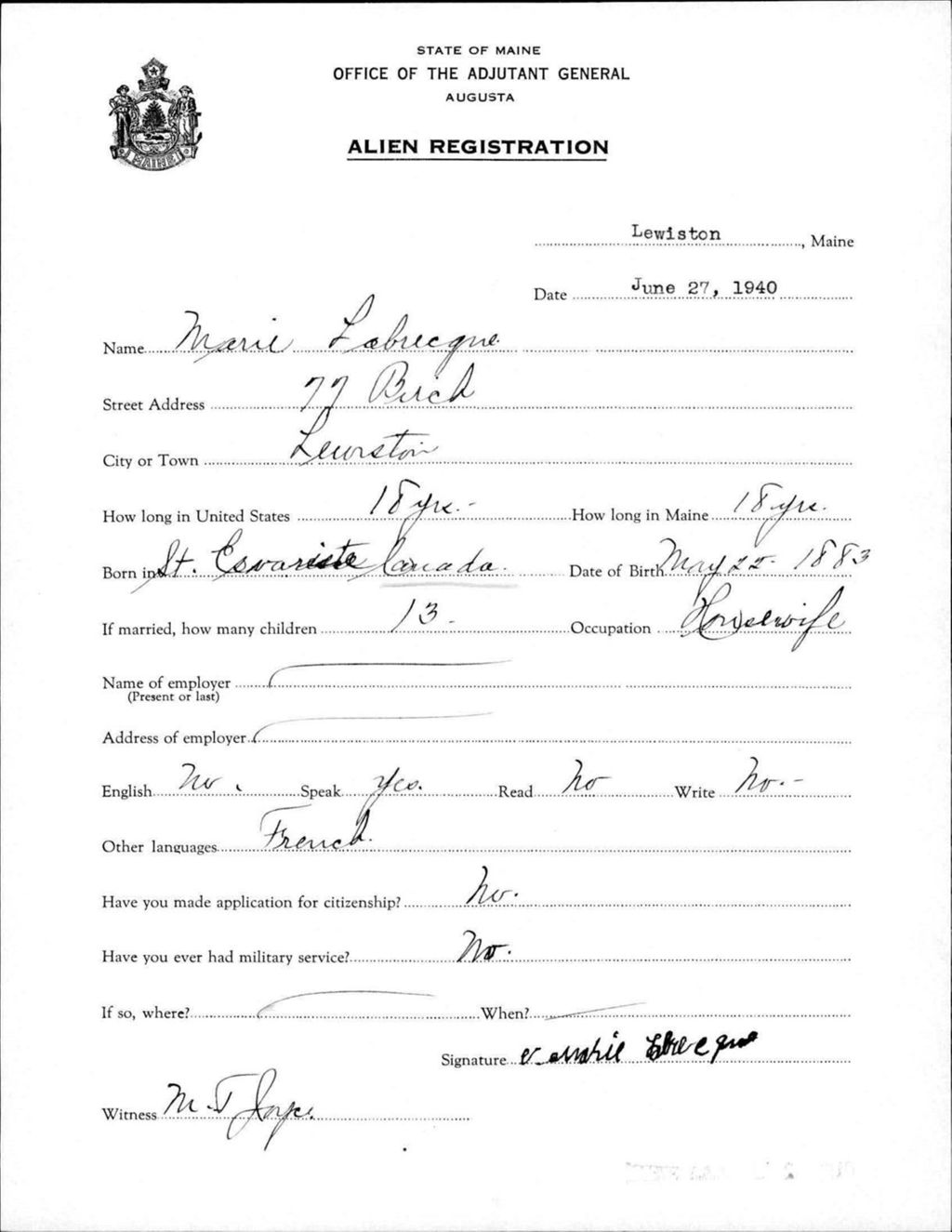 Miniature of Alien Registration- Labrecque, Marie (Lewiston, Androscoggin County)