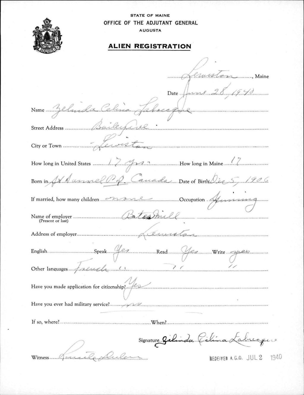 Miniature of Alien Registration- Labrecque, Zelinda C. (Lewiston, Androscoggin County)