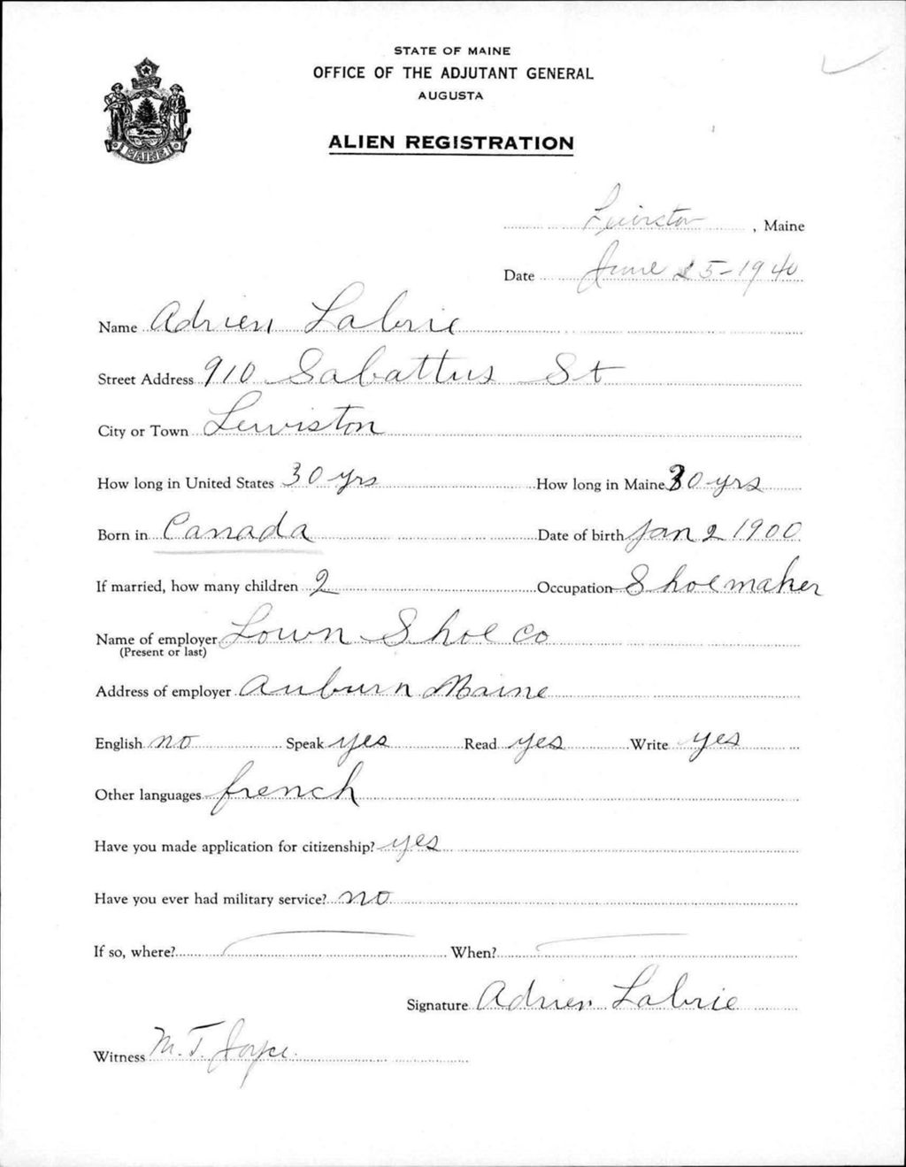 Miniature of Alien Registration- Labrie, Adrien (Lewiston, Androscoggin County)