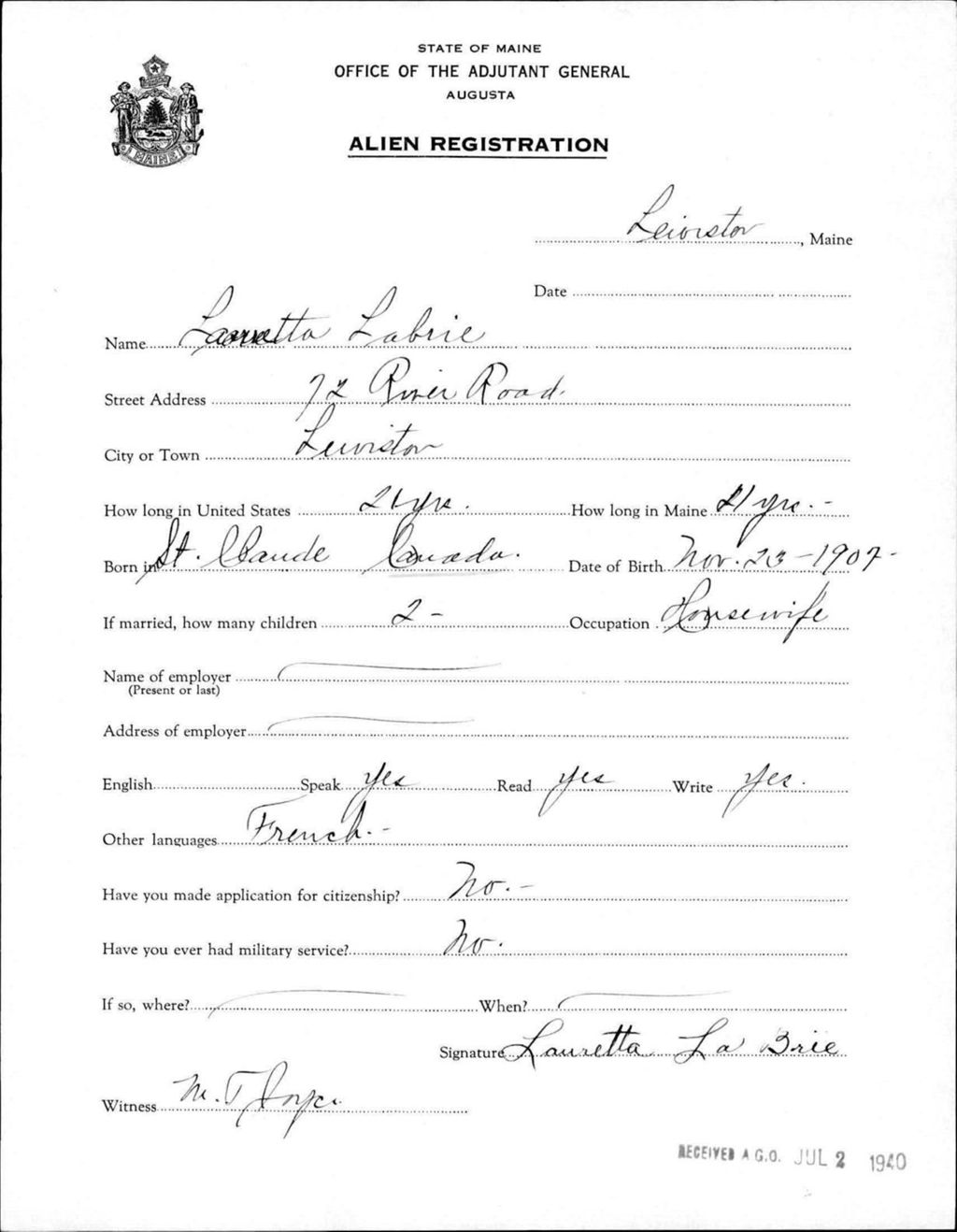 Miniature of Alien Registration- Labrie, Lauretta (Lewiston, Androscoggin County)