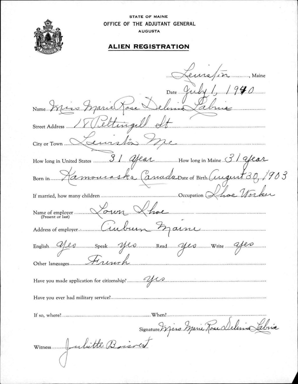 Miniature of Alien Registration- Labrie, Marie Rose D. (Lewiston, Androscoggin County)