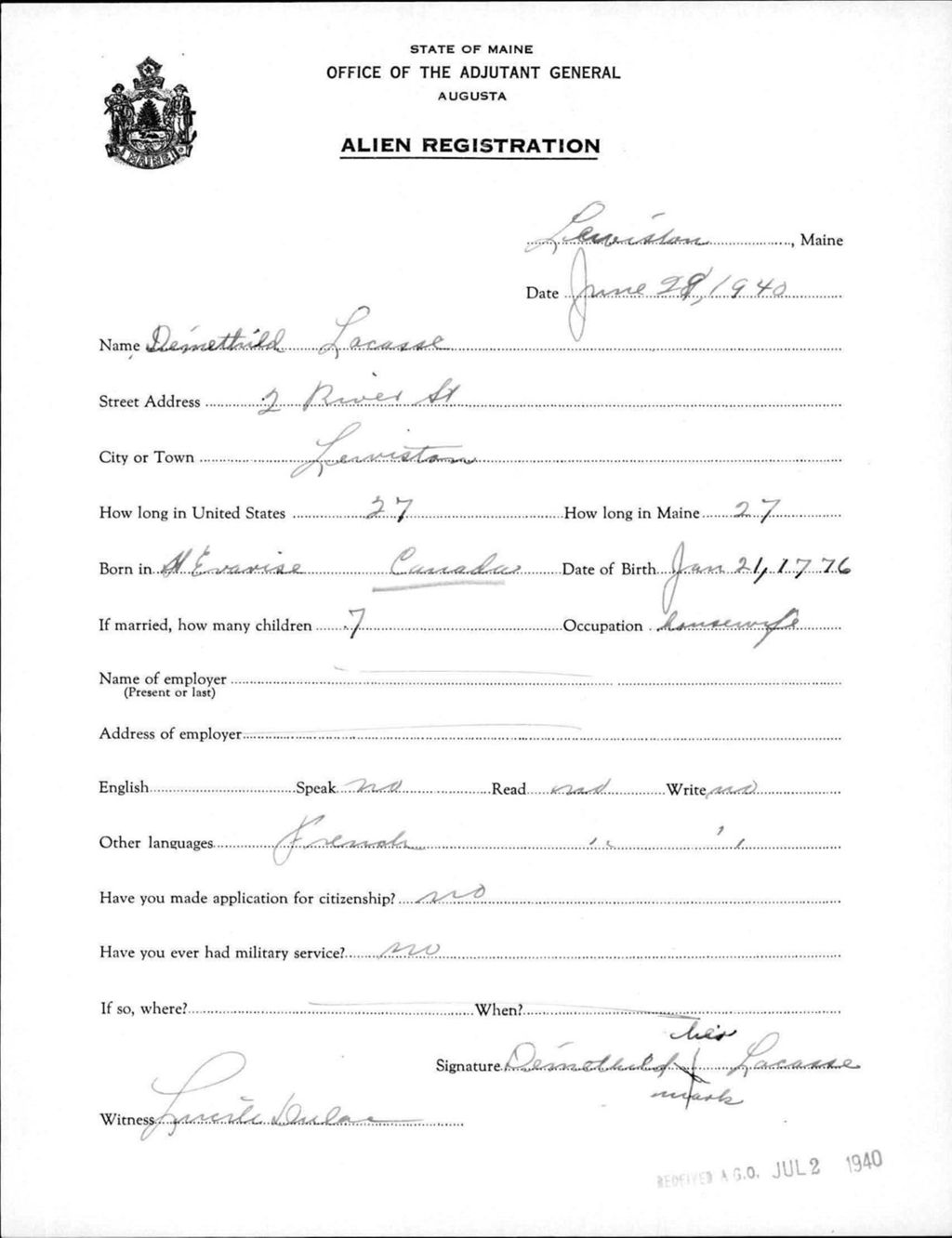 Miniature of Alien Registration- Lacasse, Demethild (Lewiston, Androscoggin County)
