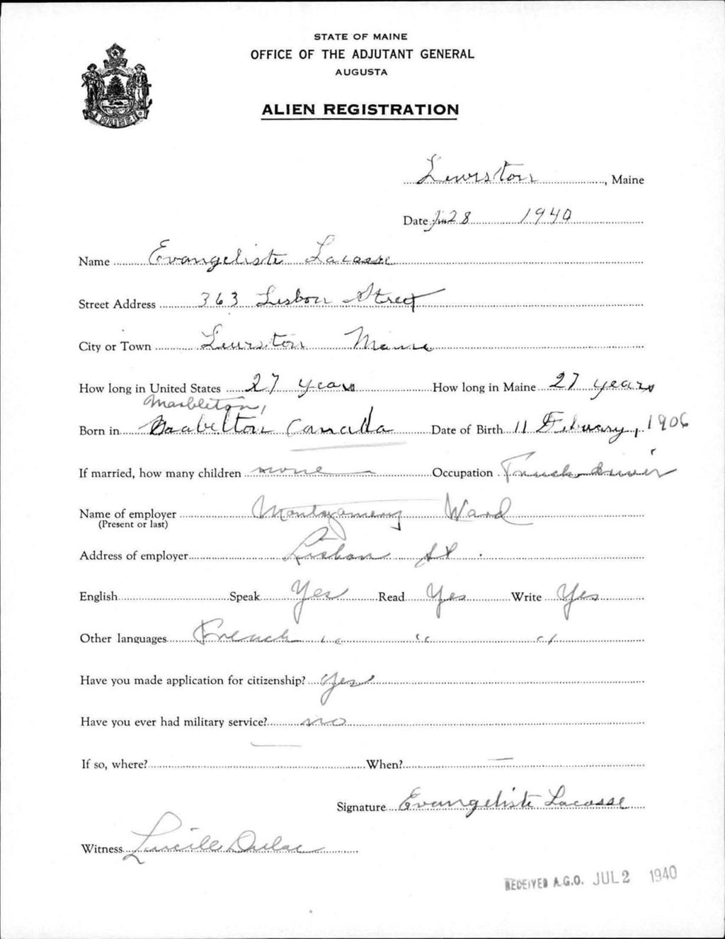 Miniature of Alien Registration- Lacasse, Evangeliste (Lewiston, Androscoggin County)