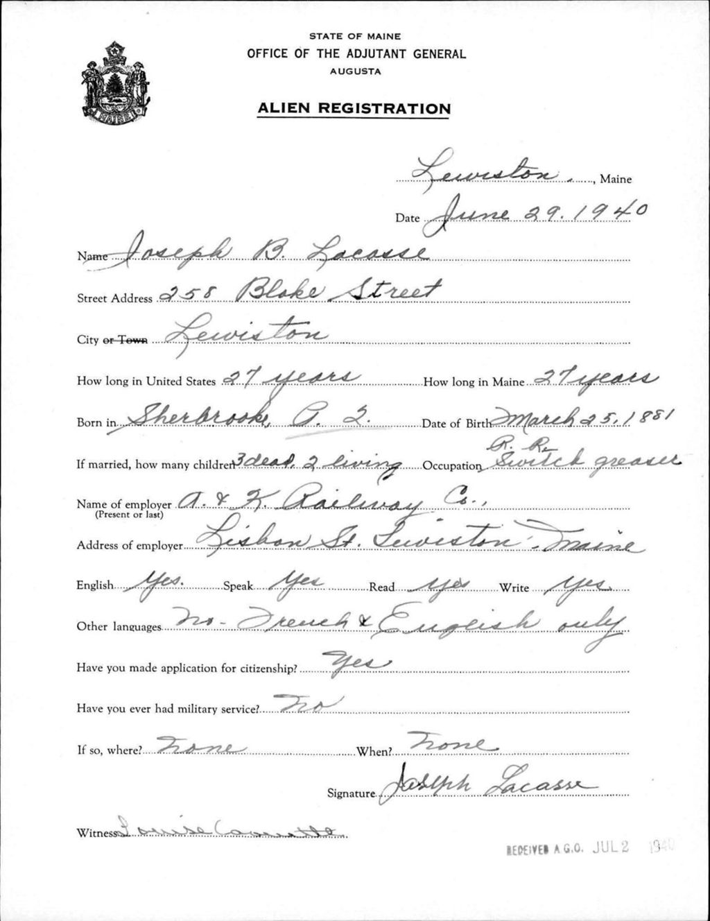 Miniature of Alien Registration- Lacasse, Joseph B. (Lewiston, Androscoggin County)