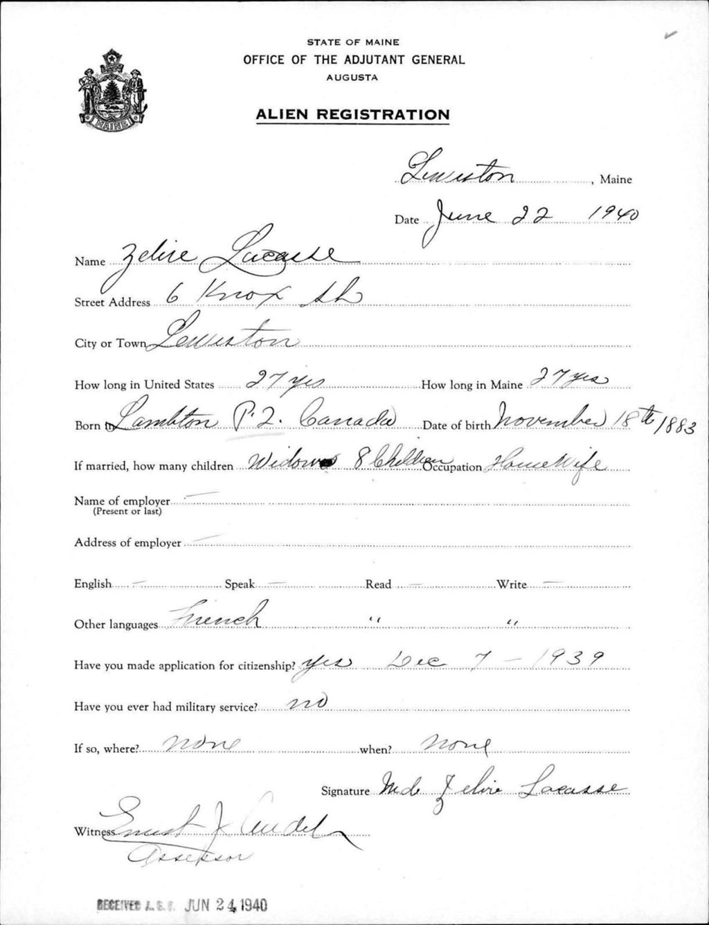 Miniature of Alien Registration- Lacasse, Zelire (Lewiston, Androscoggin County)