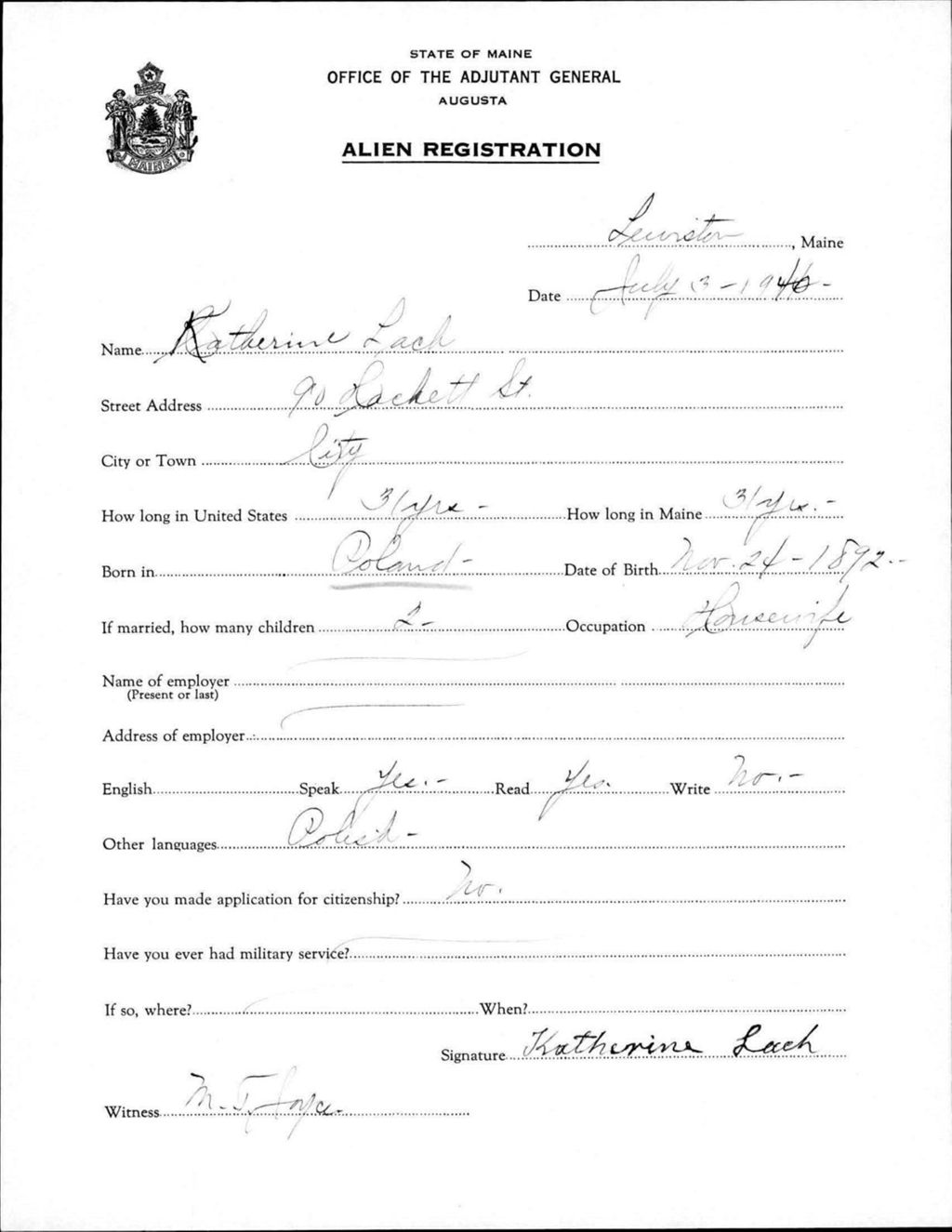 Miniature of Alien Registration- Lach, Katherine (Lewiston, Androscoggin County)