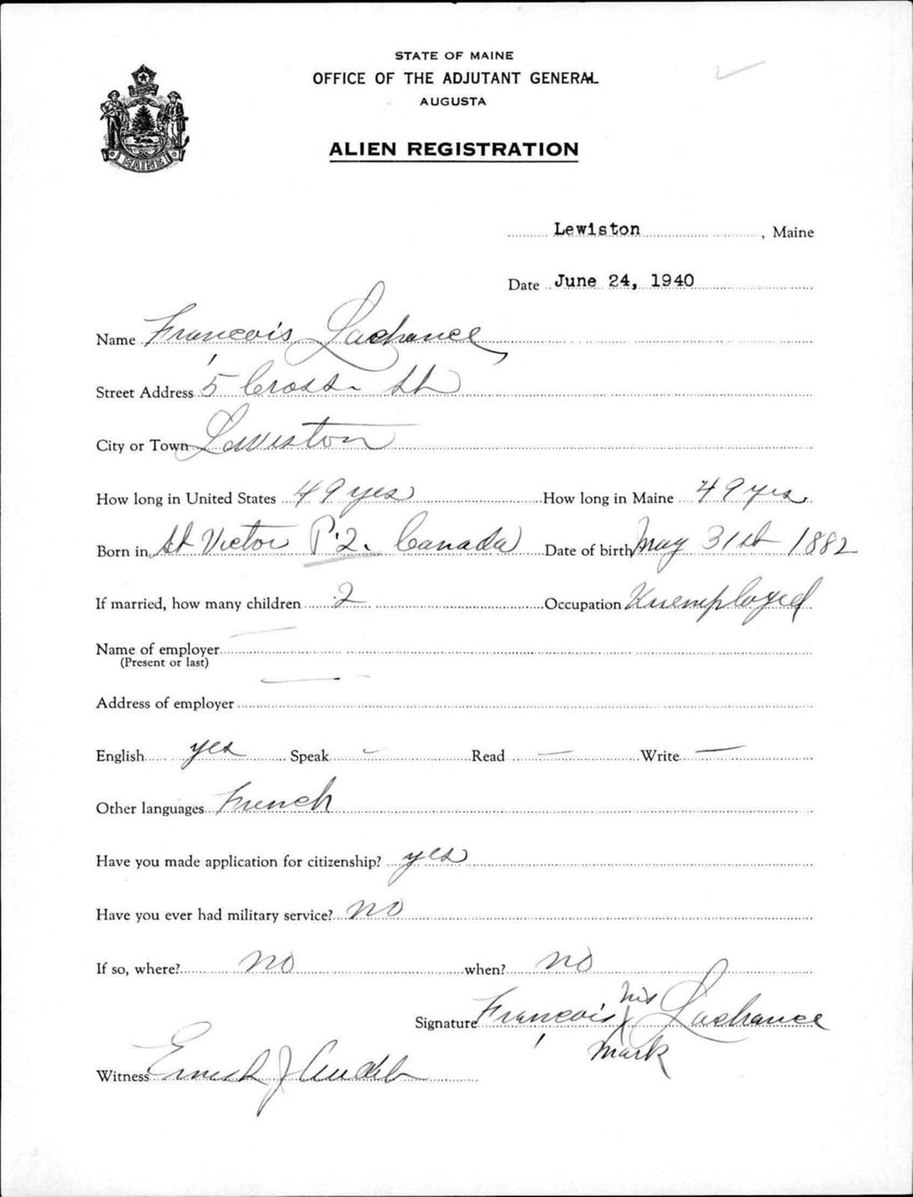 Miniature of Alien Registration- Lachance, Francois (Lewiston, Androscoggin County)