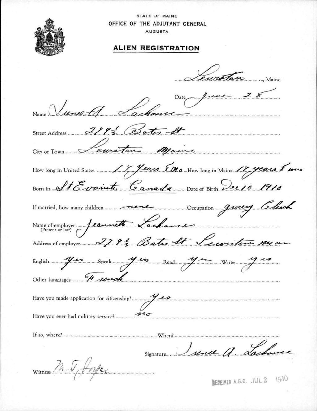 Miniature of Alien Registration- Lachance, Junee A. (Lewiston, Androscoggin County)