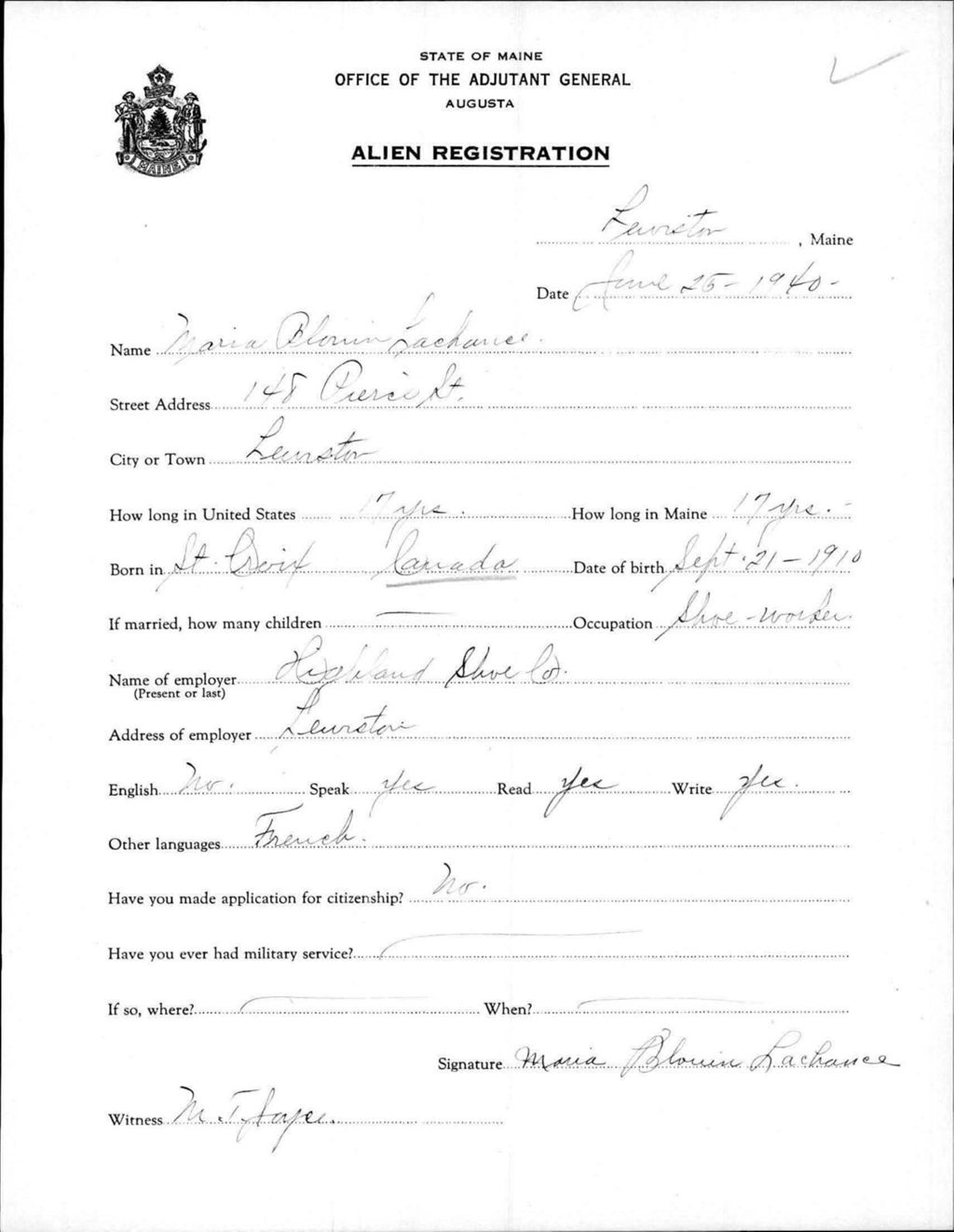 Miniature of Alien Registration- Blouin, Maria (Lewiston, Androscoggin County)