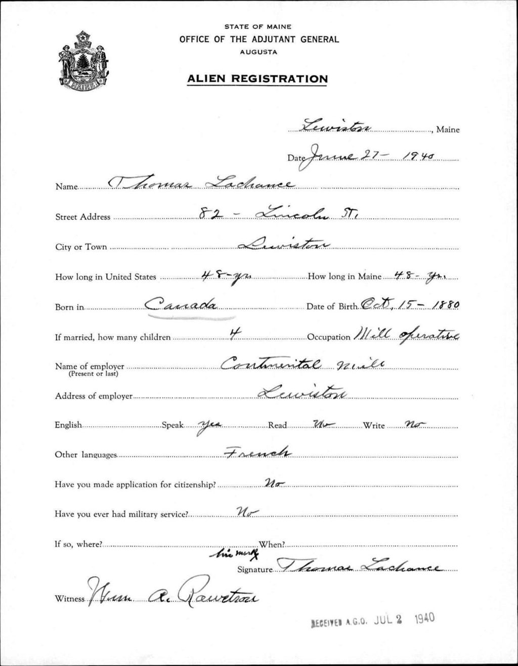 Miniature of Alien Registration- Lachance, Thomas (Lewiston, Androscoggin County)