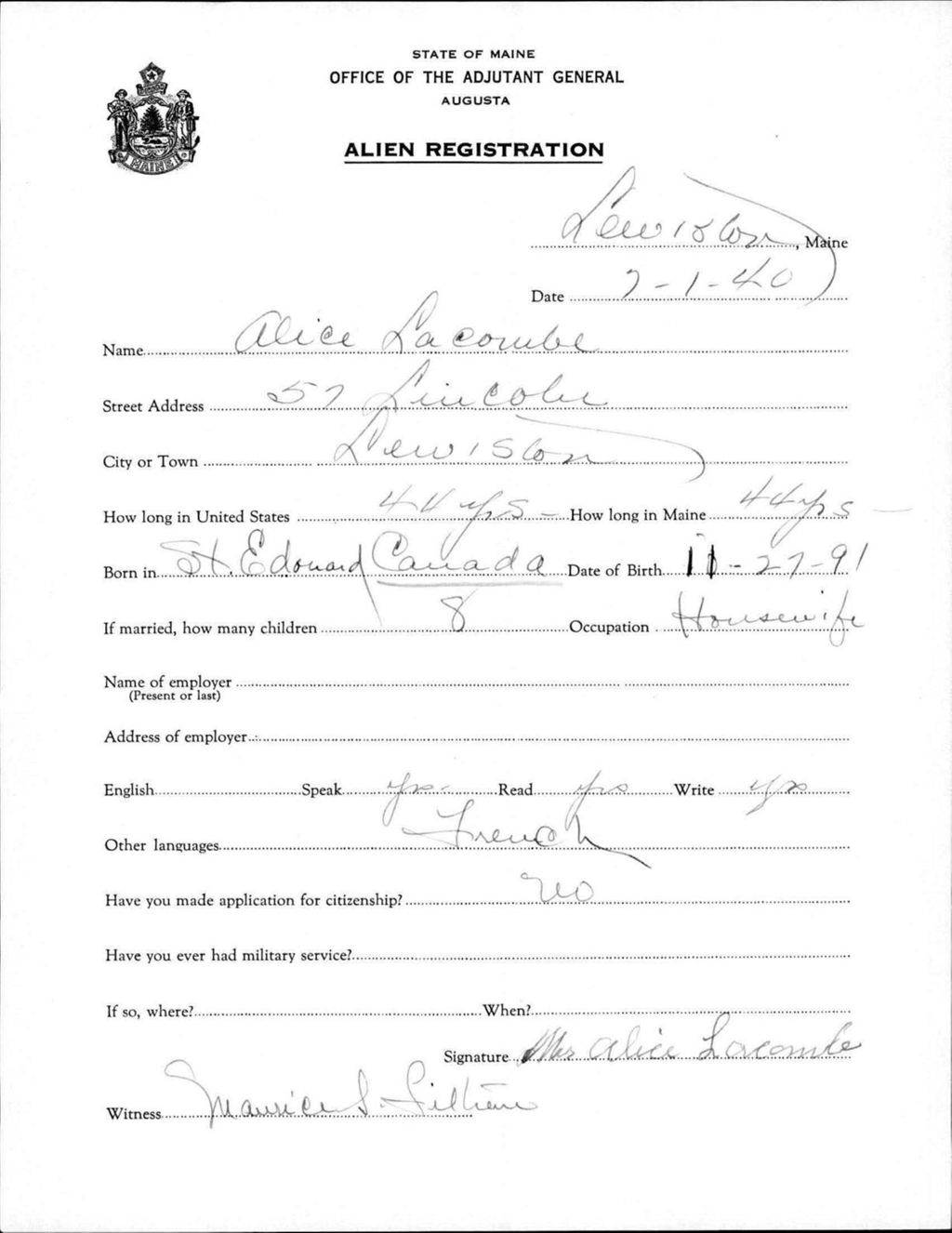 Miniature of Alien Registration- Lacombe, Alice (Lewiston, Androscoggin County)