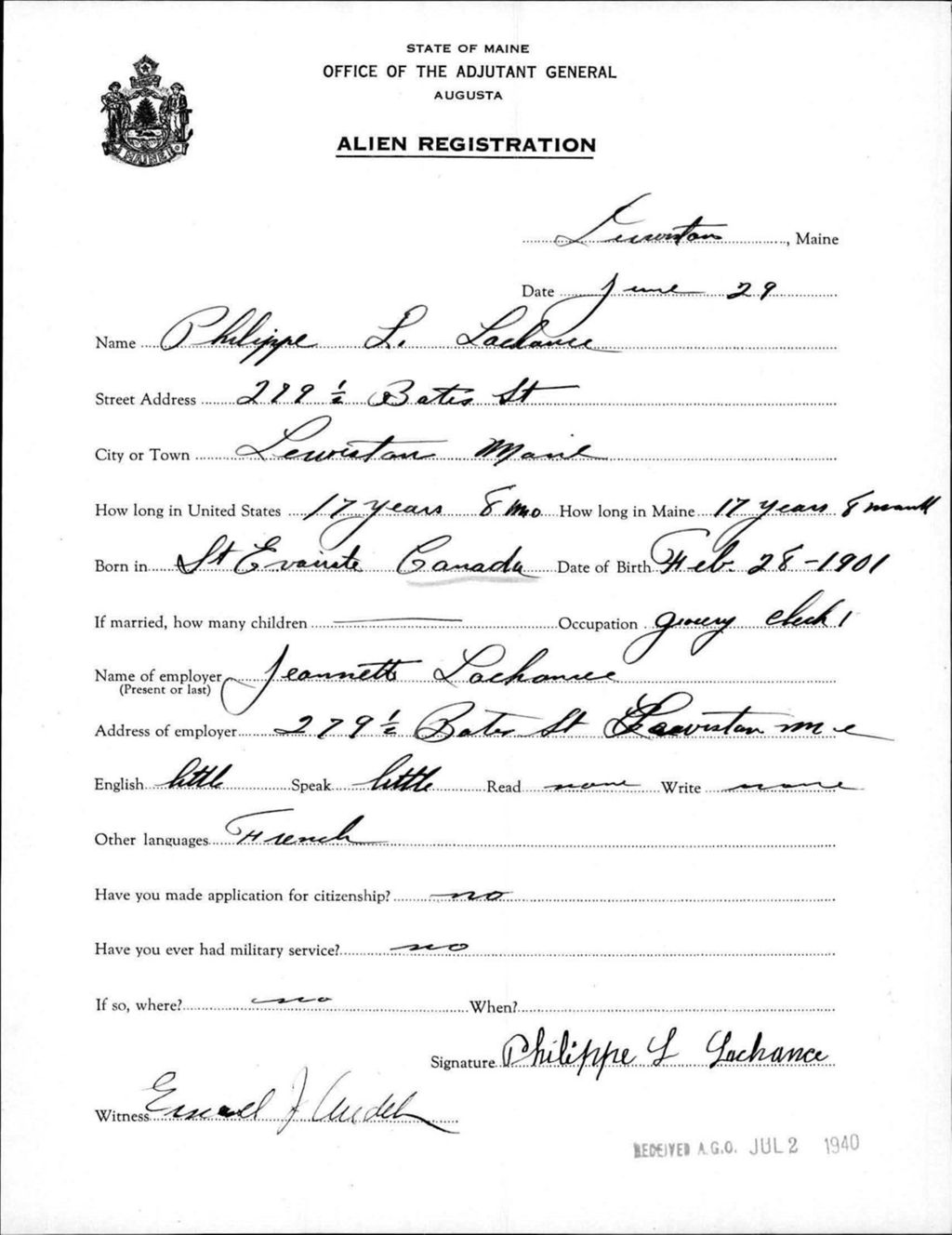 Miniature of Alien Registration- Lachance, Philippe L. (Lewiston, Androscoggin County)
