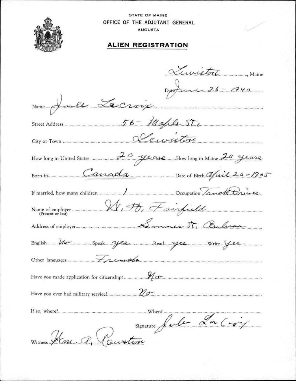 Miniature of Alien Registration- Lacroix, Jules (Lewiston, Androscoggin County)