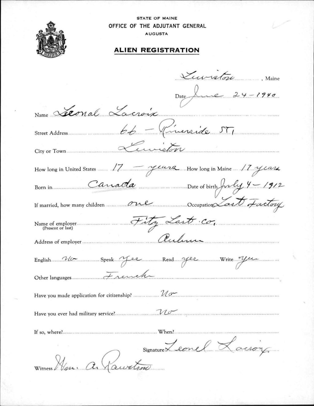 Miniature of Alien Registration- Lacroix, Leonal (Lewiston, Androscoggin County)