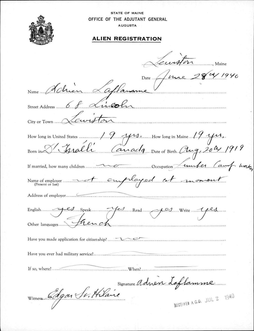 Miniature of Alien Registration- Laflamme, Adrien (Lewiston, Androscoggin County)