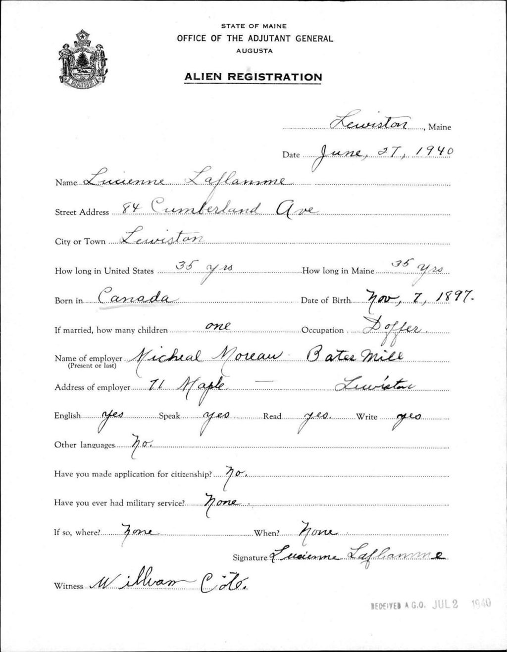 Miniature of Alien Registration- Laflamme, Lucienne (Lewiston, Androscoggin County)