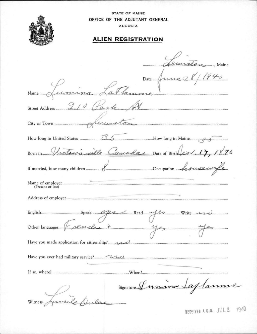 Miniature of Alien Registration- Laflamme, Lumina (Lewiston, Androscoggin County)