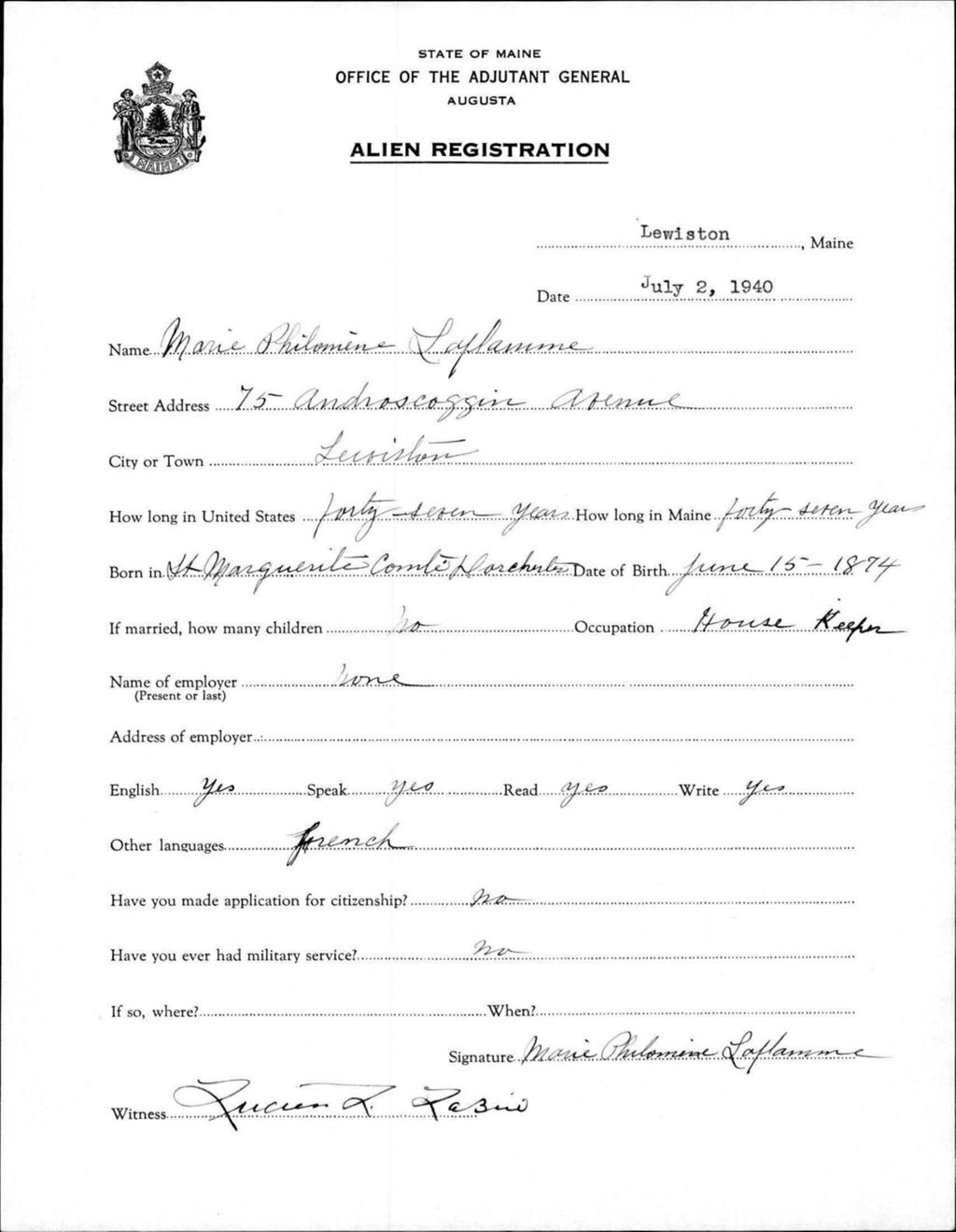 Miniature of Alien Registration- Laflamme, Marie P. (Lewiston, Androscoggin County)