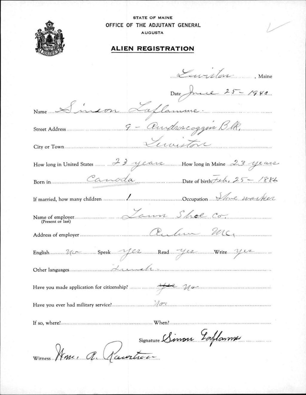 Miniature of Alien Registration- Laflamme, Simeon (Lewiston, Androscoggin County)