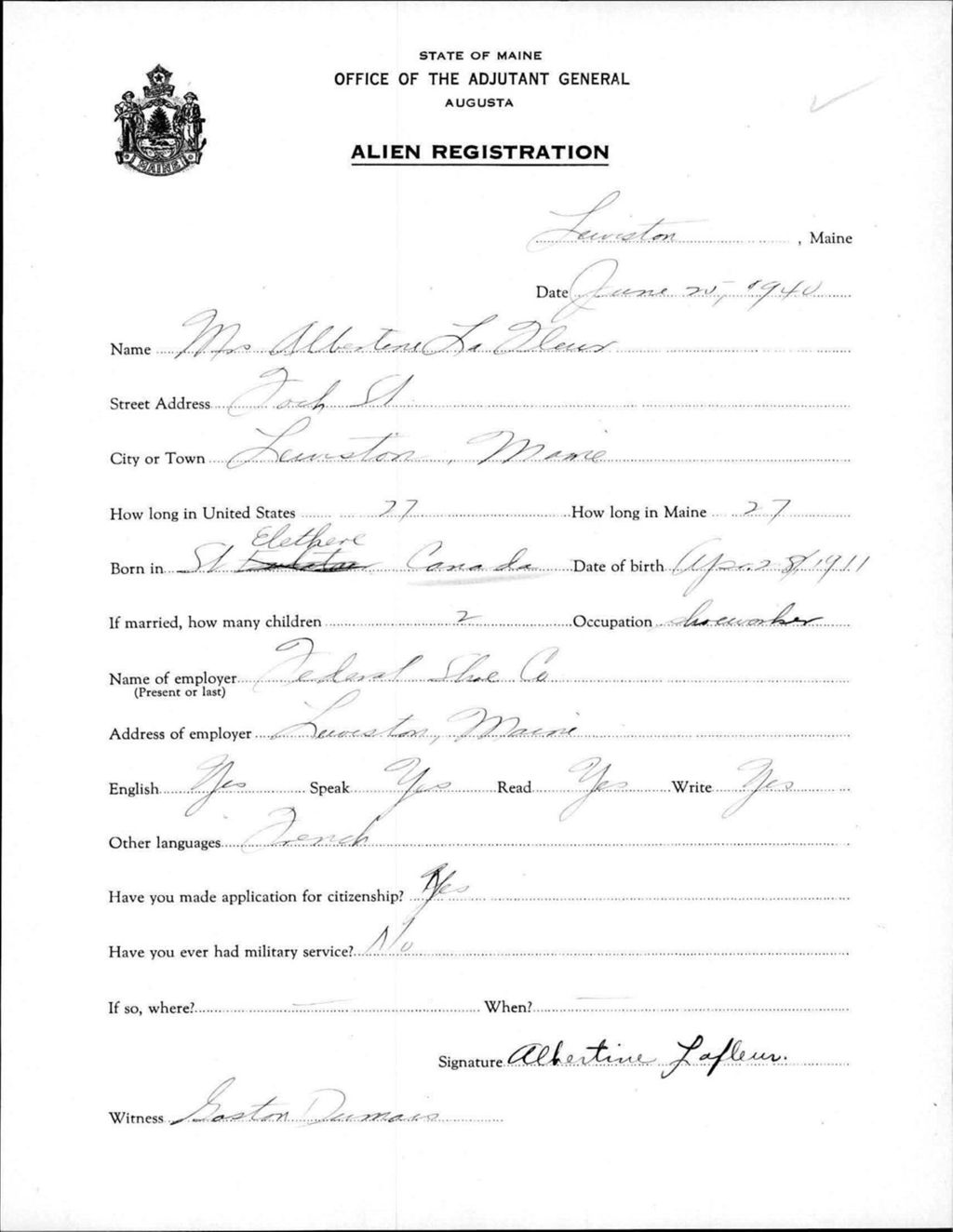 Miniature of Alien Registration- Lafleur, Albertene (Lewiston, Androscoggin County)