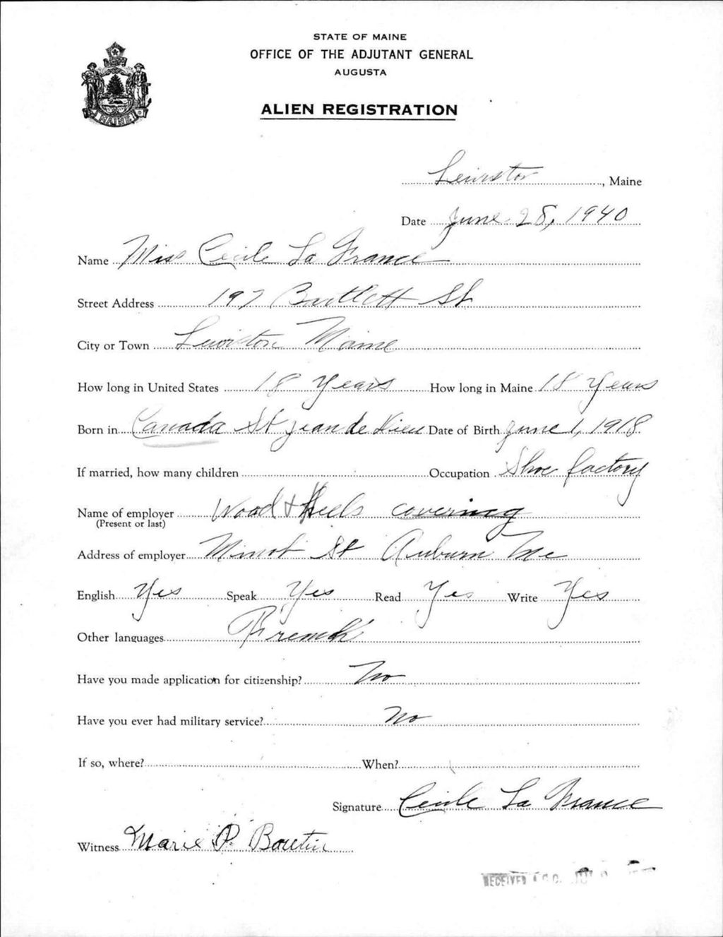 Miniature of Alien Registration- Lafrance, Cecile (Lewiston, Androscoggin County)