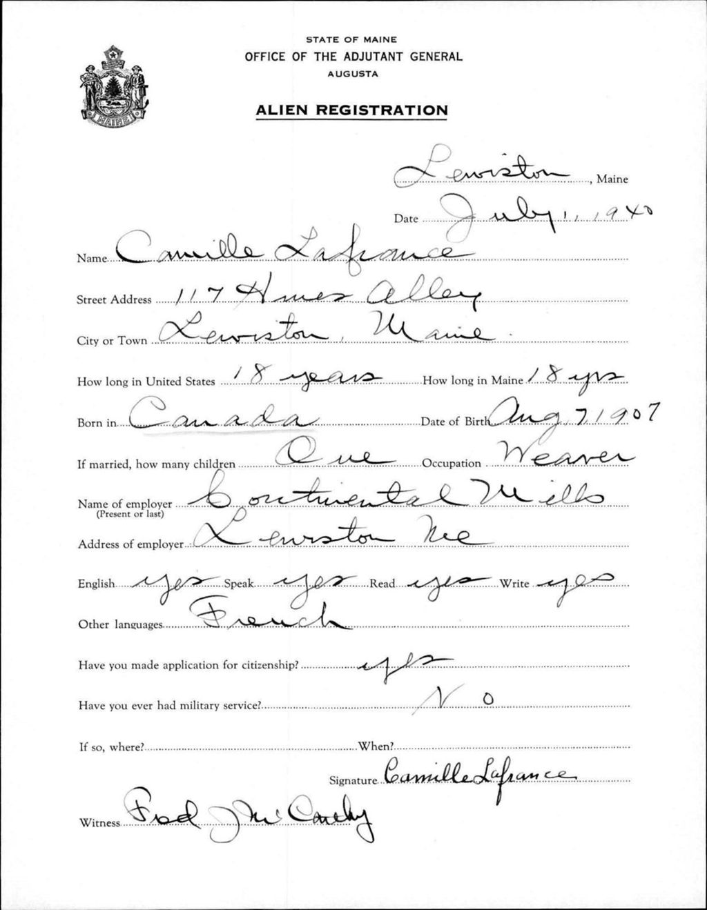 Miniature of Alien Registration- Lafrance, Camille (Lewiston, Androscoggin County)
