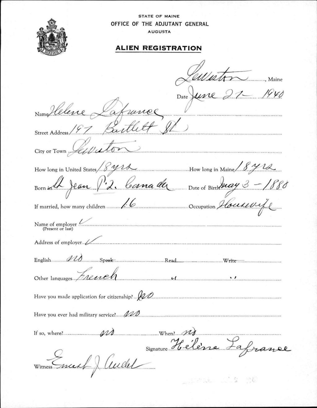 Miniature of Alien Registration- Lafrance, Helene (Lewiston, Androscoggin County)