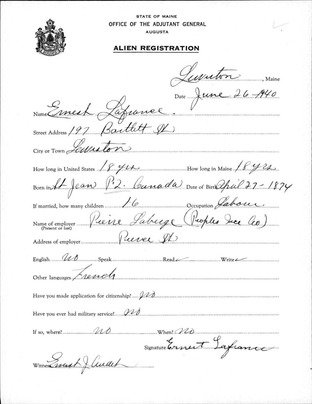 Miniature of Alien Registration- Lafrance, Ernest (Lewiston, Androscoggin County)