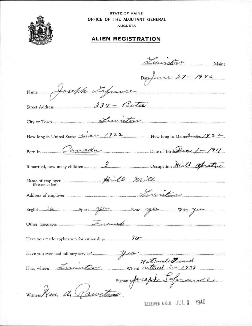 Miniature of Alien Registration- Lafrance, Joseph (Lewiston, Androscoggin County)